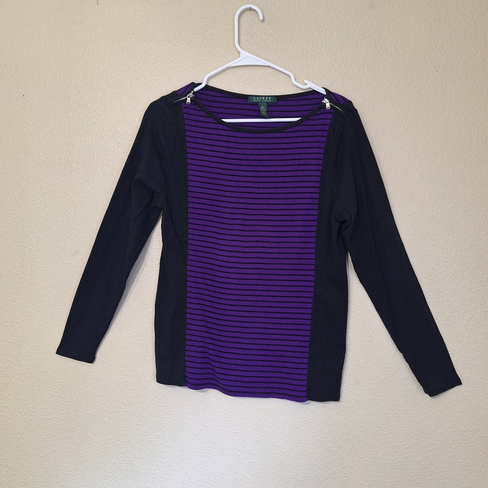 Lauren Ralph Lauren Top L Purple Black Striped Zip Shoulder Long Sleeve Cotton